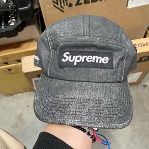 Supreme Box Logo Cordura Washed Canvas Denim Camp Charcoal Gray 5 Panel Hat Cap